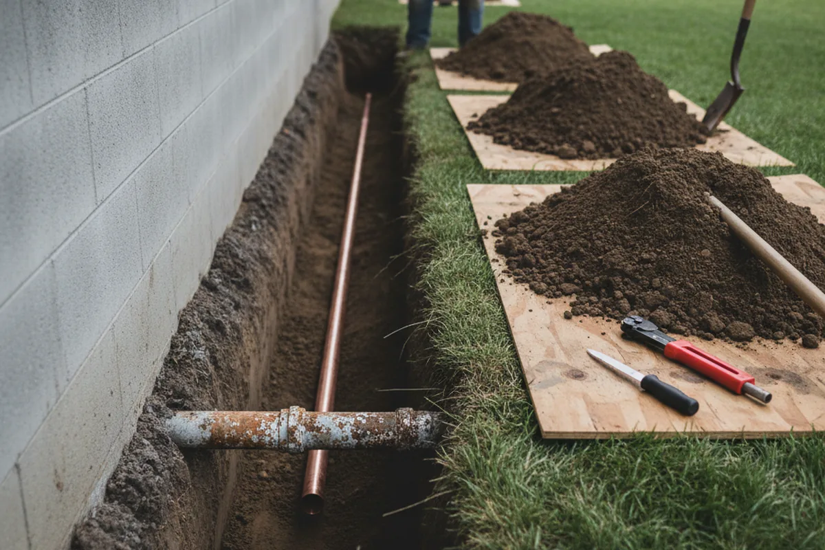 Excavated water line trench during Water Softener Installation in Kennedy
